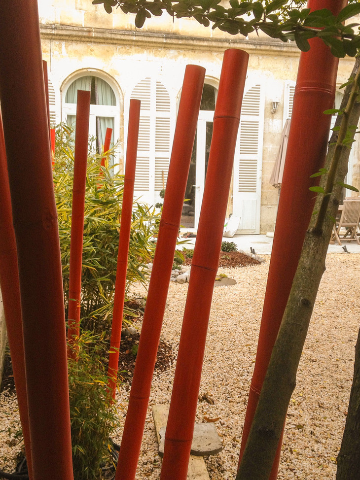 Jardin avec bambous rouges et maison en fond.